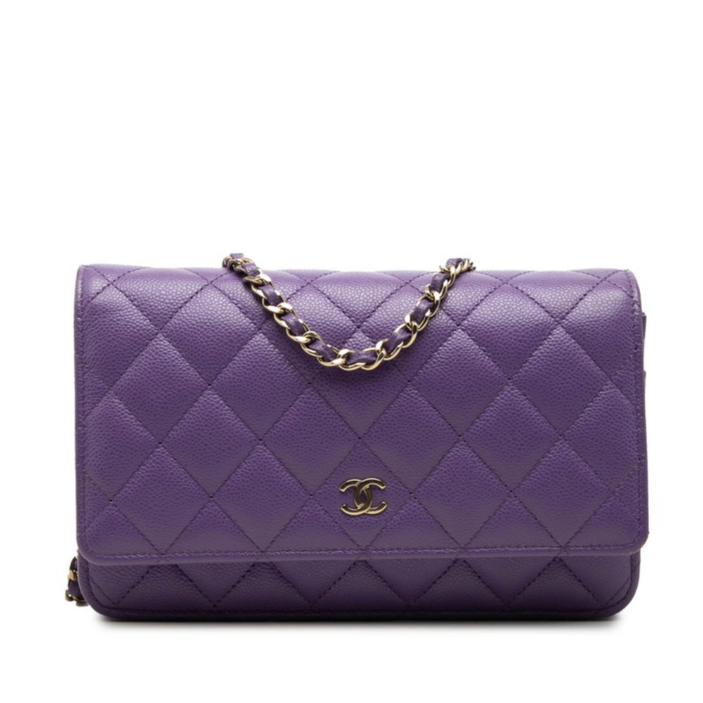 Chanel Coco Mark Matelassé Chain Shoulder Bag Wallet AP0250 Purple Gold Cavia...